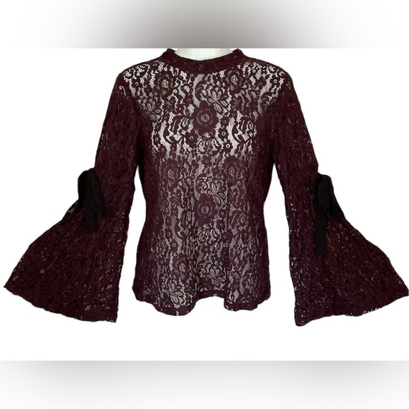 Loft Womens Size Medium Deep Plum Purple Sheer Lace Bell Sleeve Goth Blouse - Picture 1 of 10